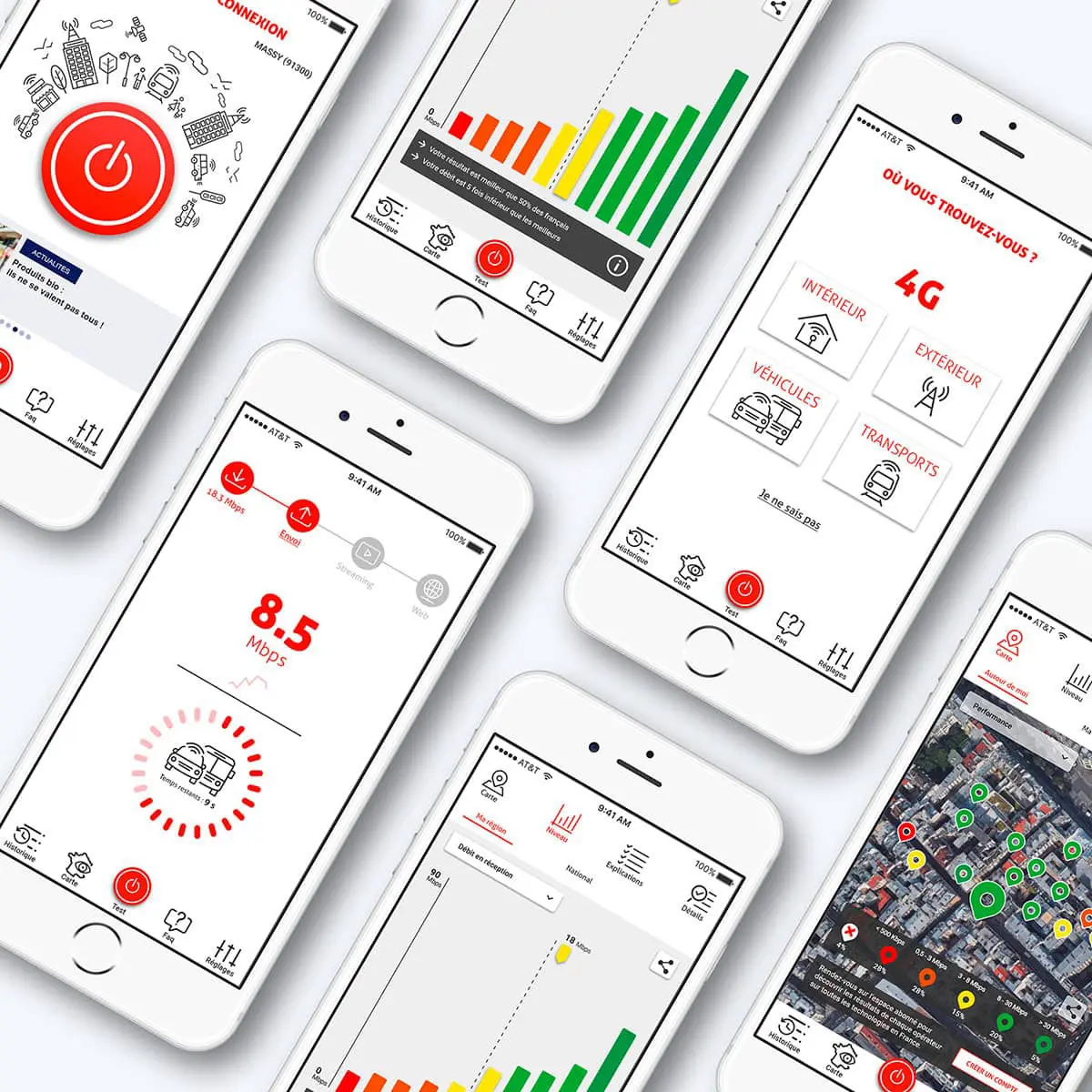 Illustrations de quelques écrans clés de l'app mobile DébiTest 60