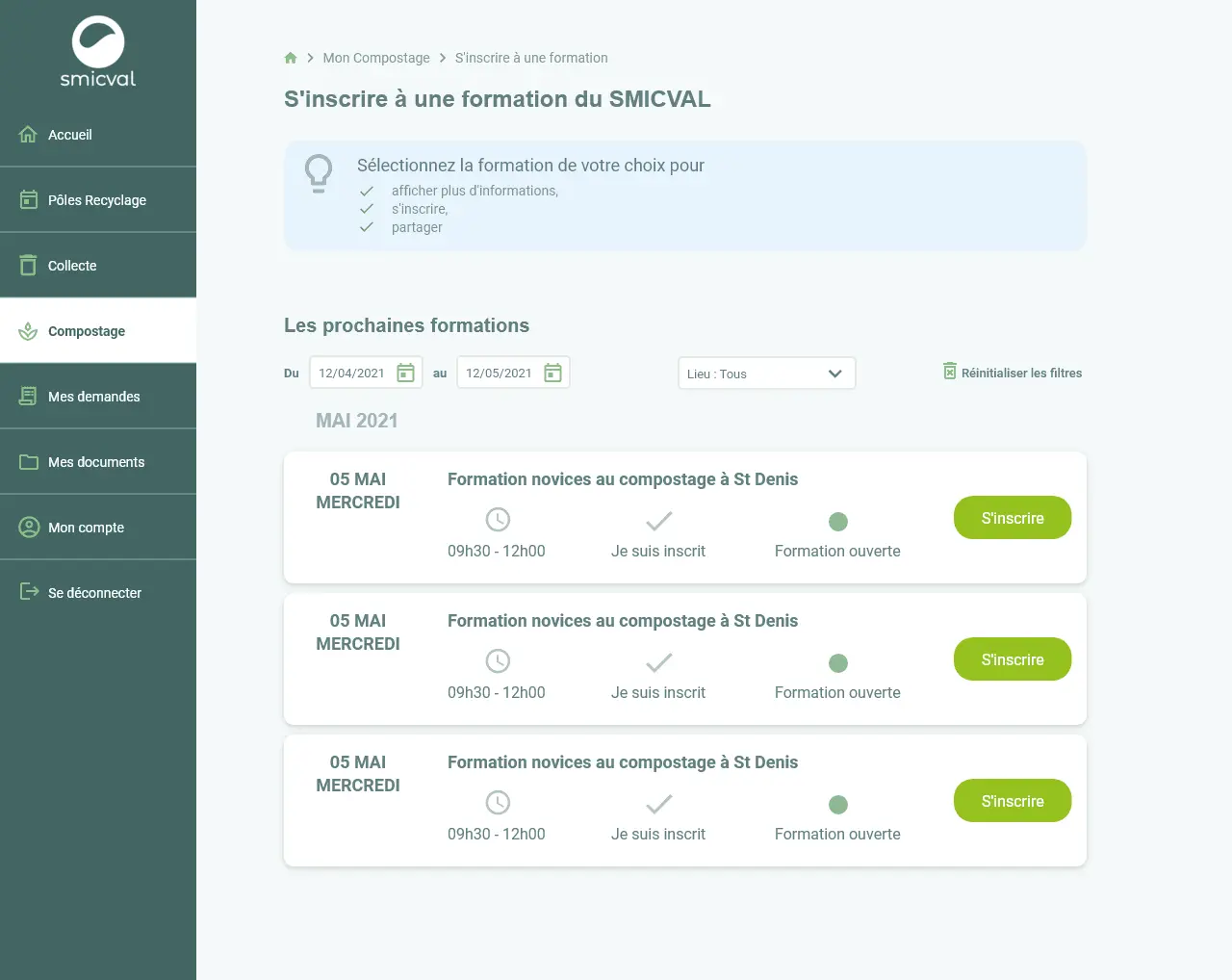 Conception UI d'un écran d'inscription à une formation pour le Smicval