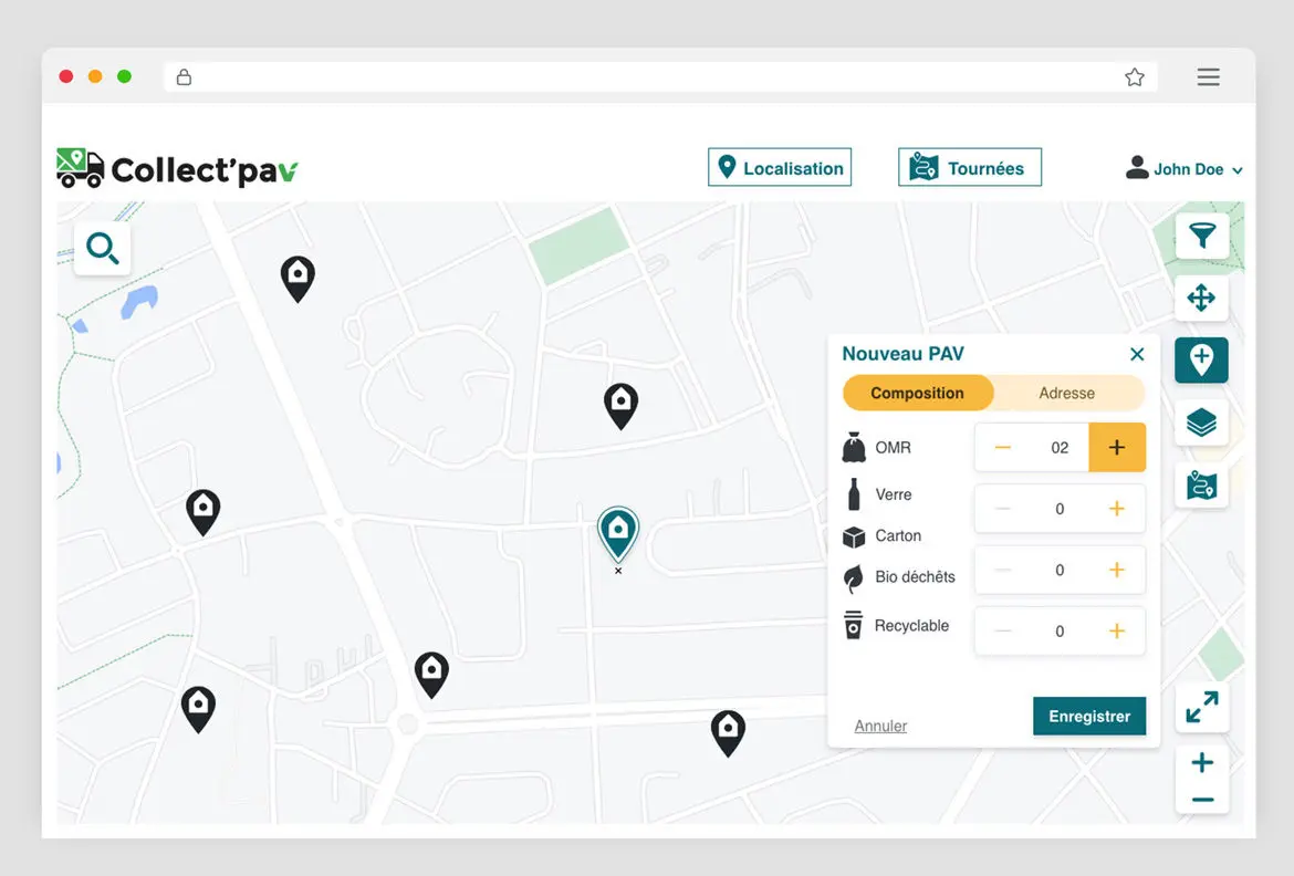 Design graphique des écrans de l'application Collect'Pav