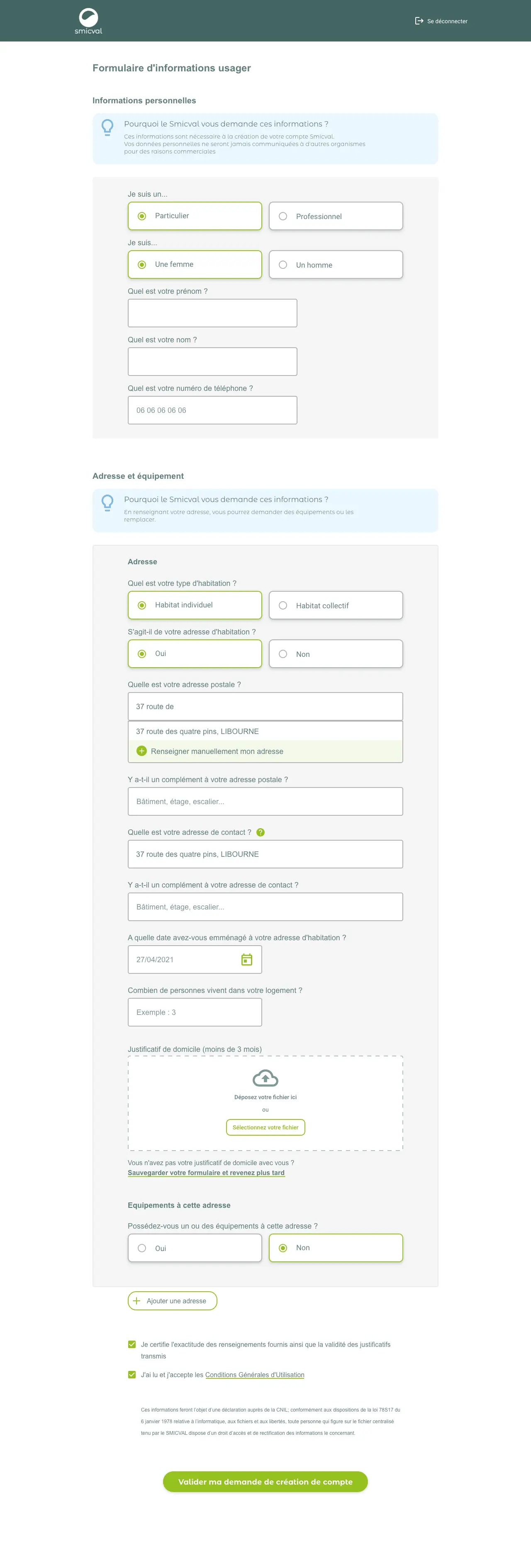 Design Interface d'inscription aux services usagers Smicval