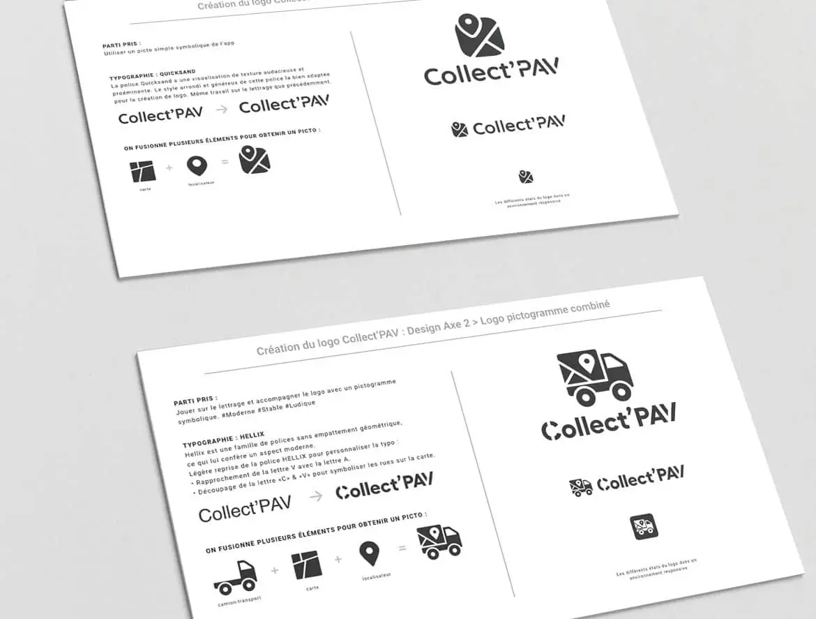 Image de la prez des pistes créatives du logo Collect'Pav au client