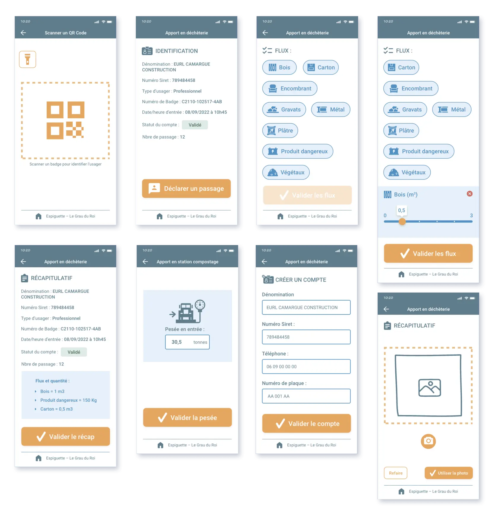 Conception UI des écrans App Gardien Terres de Camargue