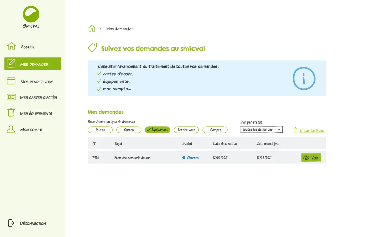 Proposition de wireframe pour la gestion des demandes usagers