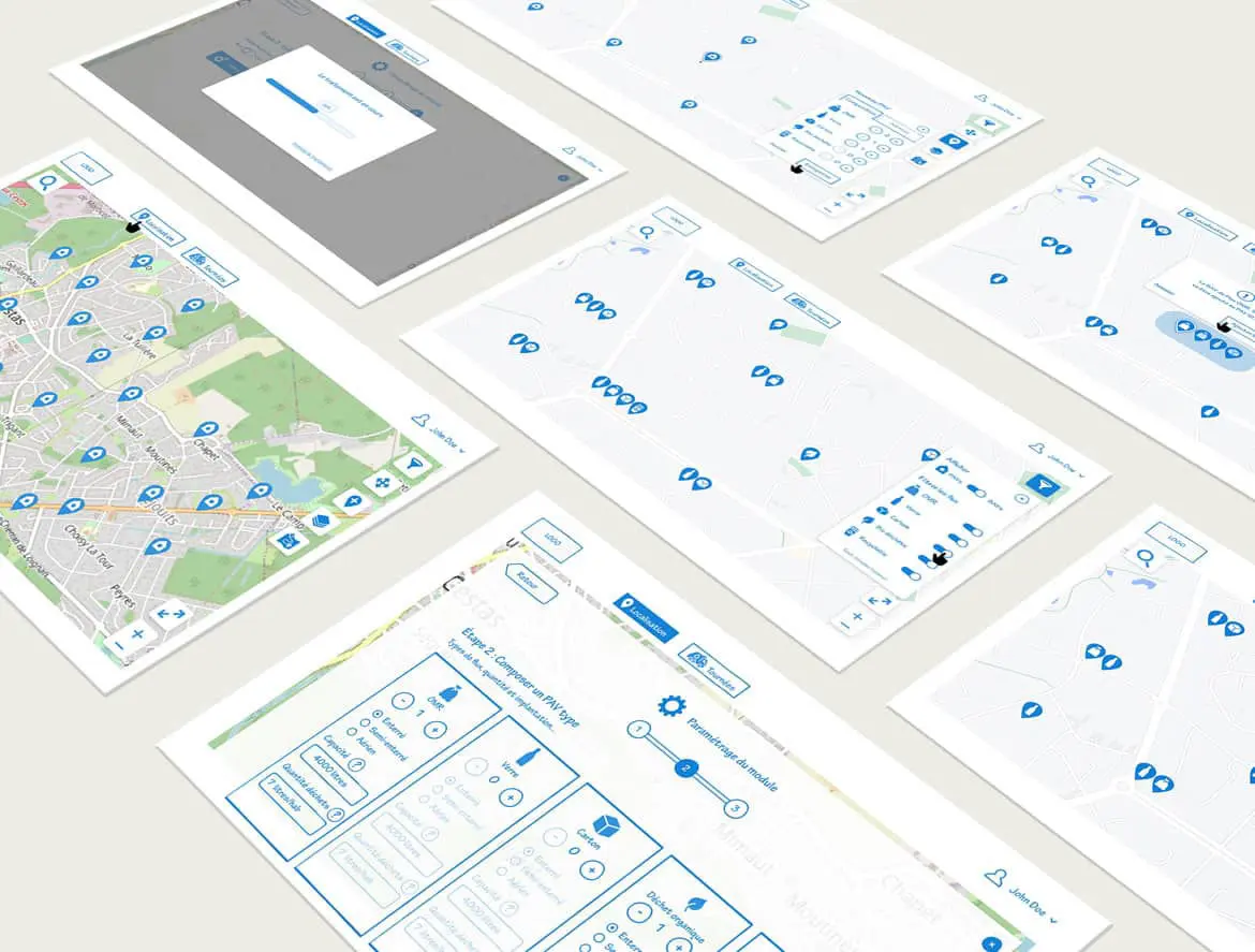image de wireframes en perspective pour illustrer les parcours utilisateurs du logiciel Collect'Pav